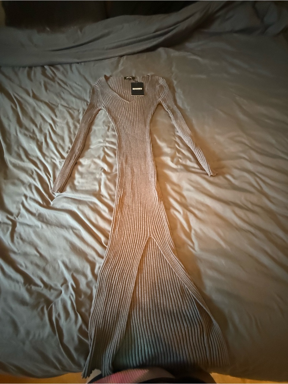Missguided Ribbed Knit V-Neck Dress in Brown
